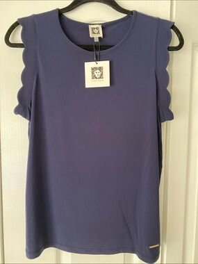 Anne Klein Navy Scalloped Sleeve Tank Top
